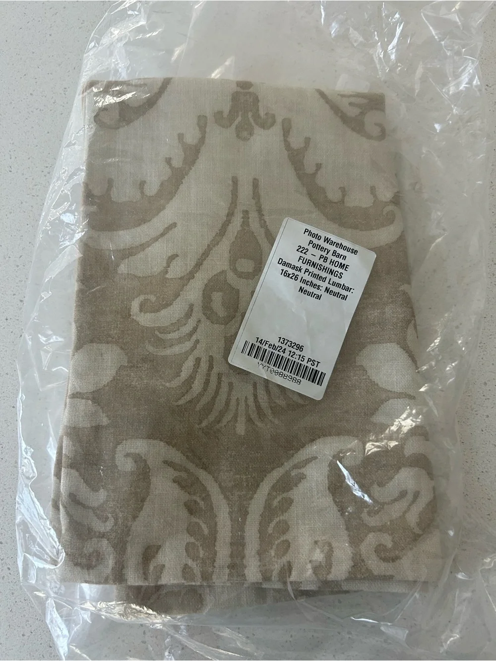 POTTERY BARN Damask Printed Lumbar Pillow cover neutral ivory 26”x16” NWOT